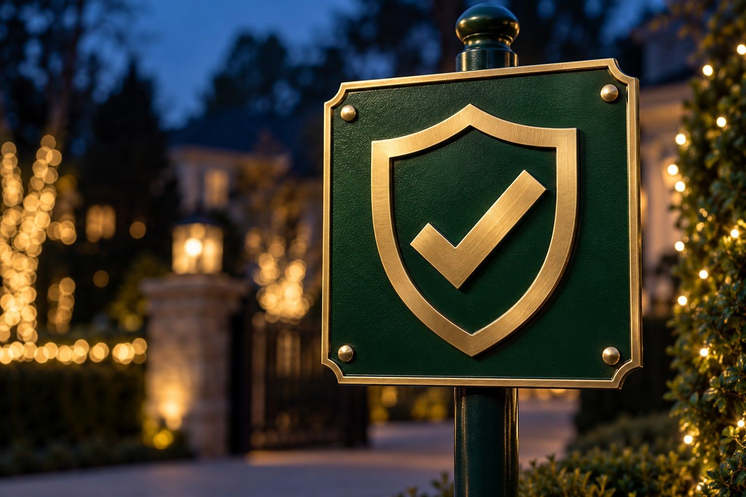 Green and gold insurance shield sign outside a home lit with Christmas lights