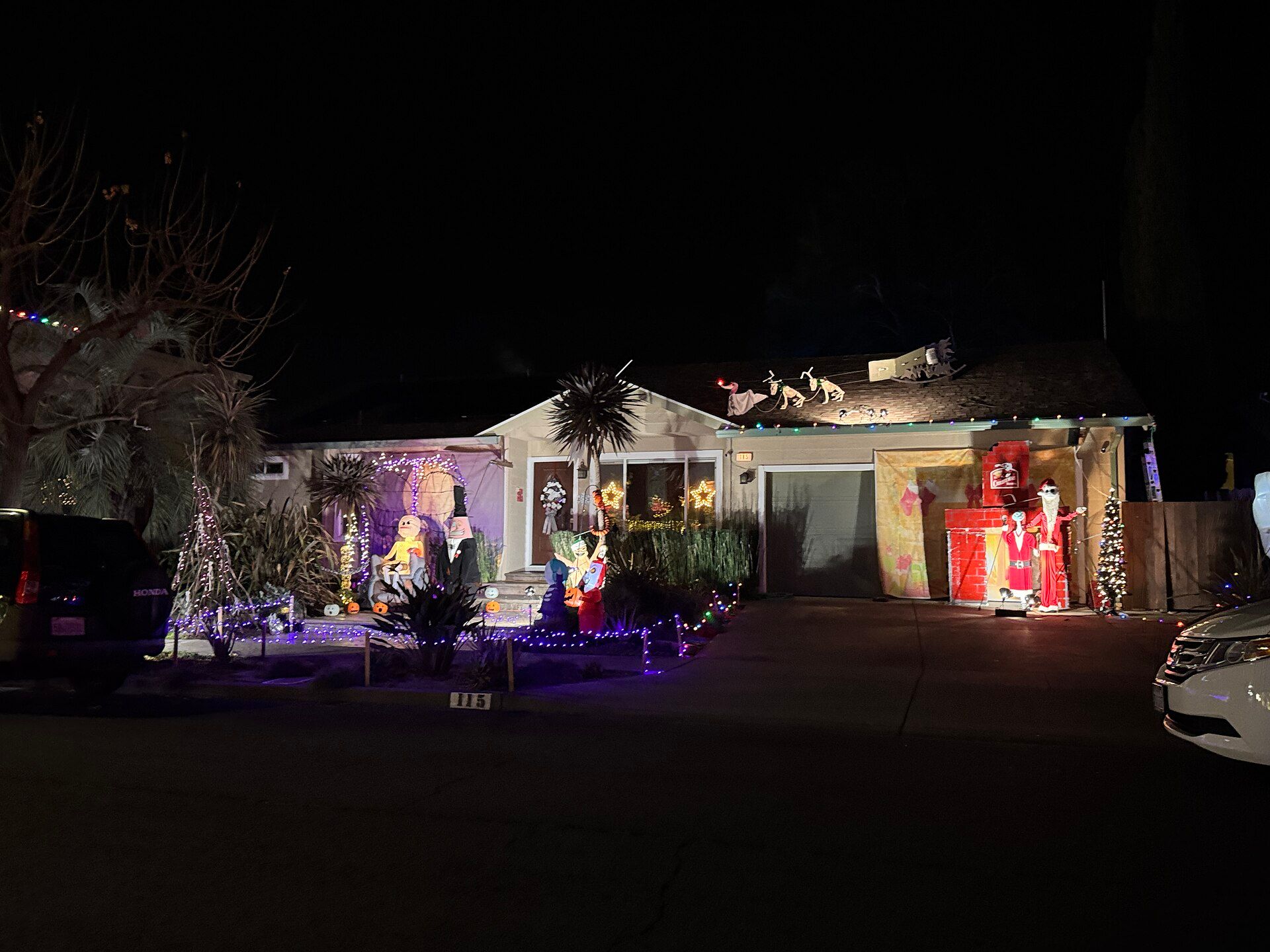 Single-storey home decorated with Christmas lights at night
