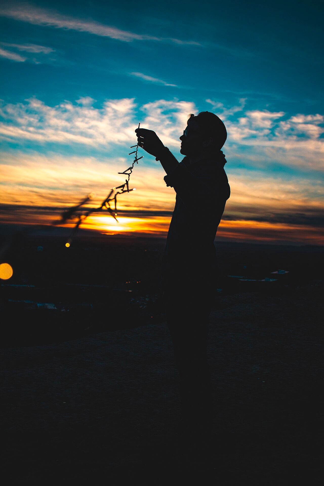 Person holding a string of lights at dusk